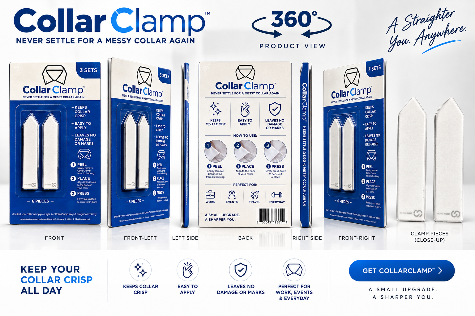 Complete 360 degree view of CollarClamp packaging and the two adhesive collar stabilizers