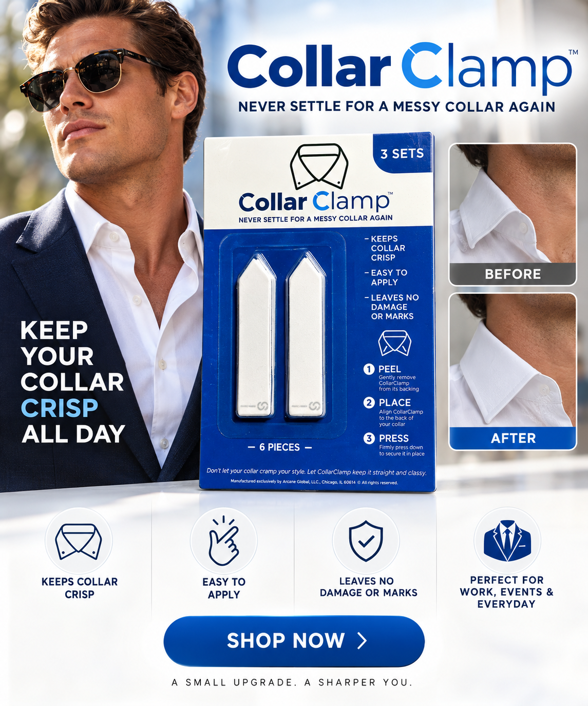CollarClamp product packaging with a clear before and after collar comparison