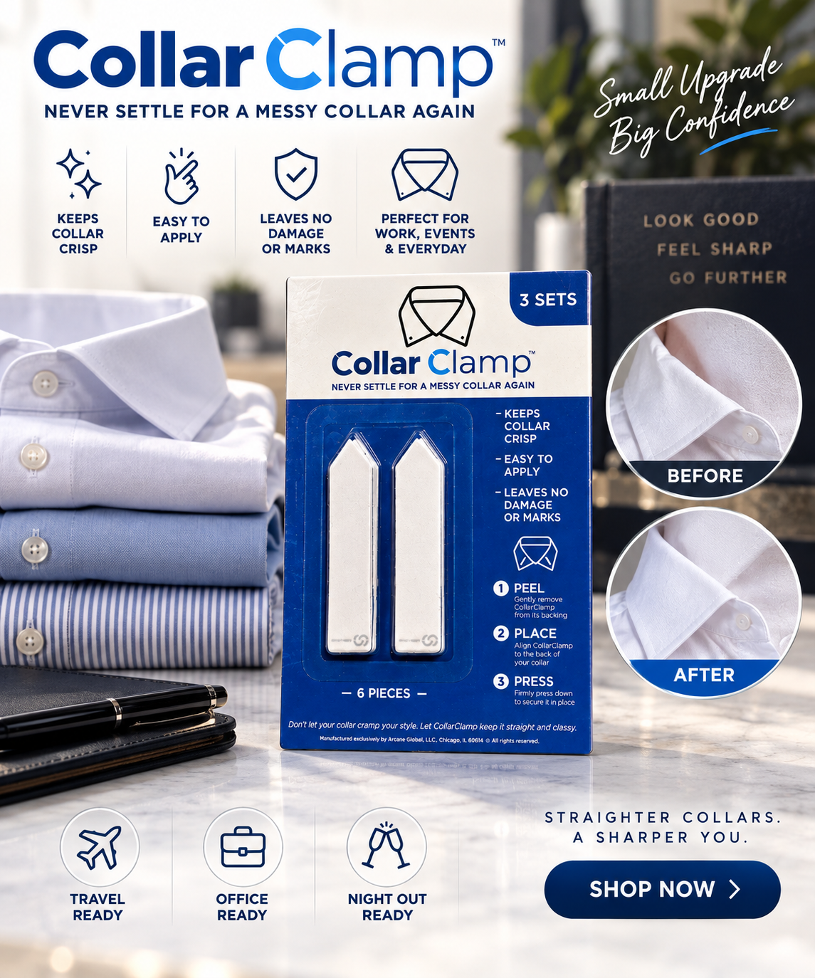 CollarClamp package on a desk beside shirts and a before and after collar comparison